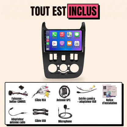 Autoradio CarPlay Dacia Duster phase 1 (2010-2013) écran 9 pouces dans sa façade noire, kit complet tout inclus avec faisceau CANBUS, antenne GPS, caméra et microphone