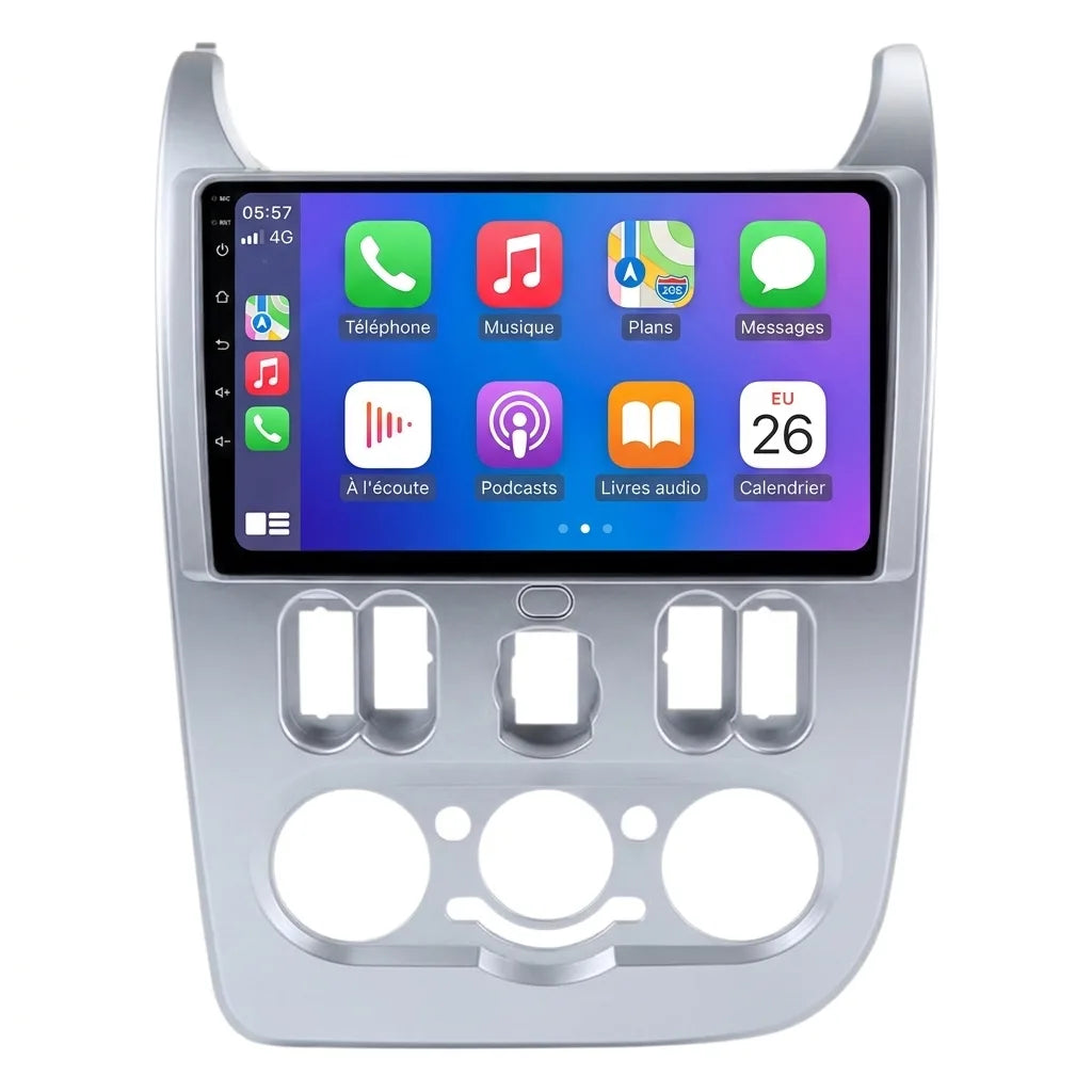 Autoradio CarPlay Dacia Duster phase 1 (2010-2013) façade argent avec écran tactile 9 pouces sur fond blanc