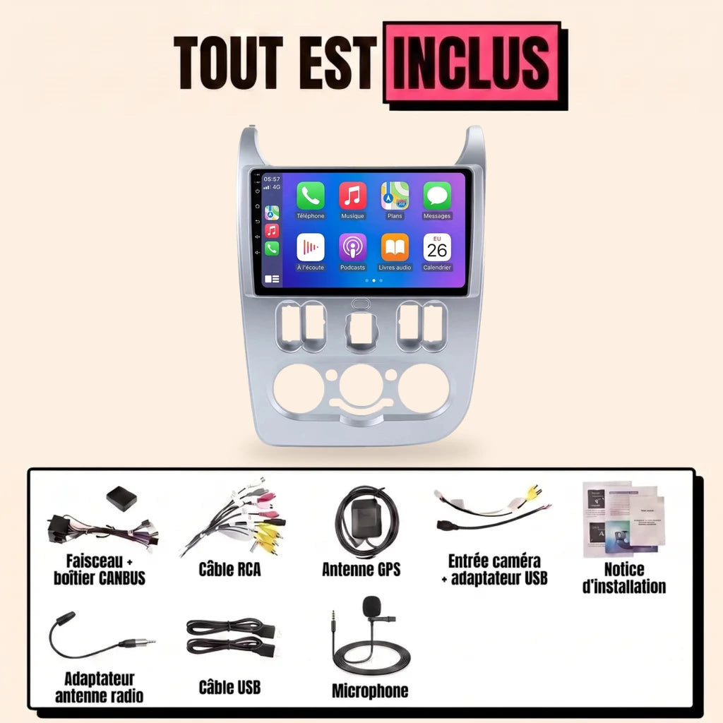 Autoradio CarPlay Dacia Duster phase 1 (2010-2013) écran 9 pouces dans sa façade gris argent, kit complet tout inclus avec faisceau CANBUS, antenne GPS, caméra et microphone