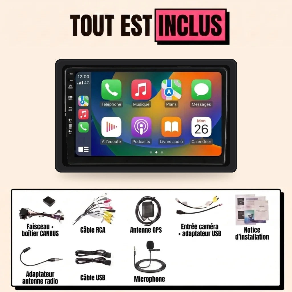 Autoradio CarPlay Dacia Duster phase 2 (2014-2017) écran 9 pouces avec son cadre noir, kit complet tout inclus avec faisceau CANBUS, antenne GPS, caméra et microphone