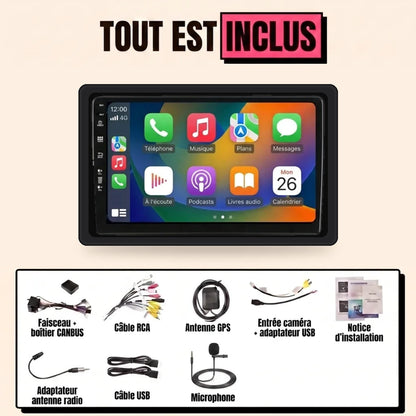 Autoradio CarPlay Dacia Duster phase 2 (2014-2017) écran 9 pouces avec son cadre noir, kit complet tout inclus avec faisceau CANBUS, antenne GPS, caméra et microphone