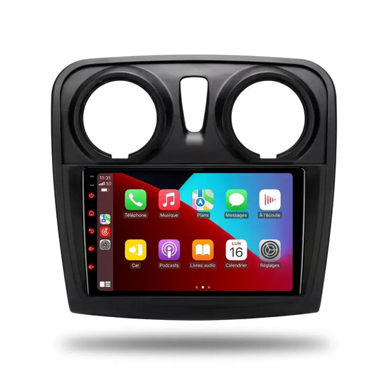 Autoradio CarPlay Android Auto Dacia Logan 2, écran 9 pouces dans sa façade de console noire avec emplacements des aérateurs ronds, vue de face