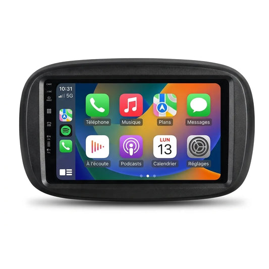Autoradio CarPlay 9 pouces pour Fiat 500X avec façade noire arrondie aux formes de la planche de bord