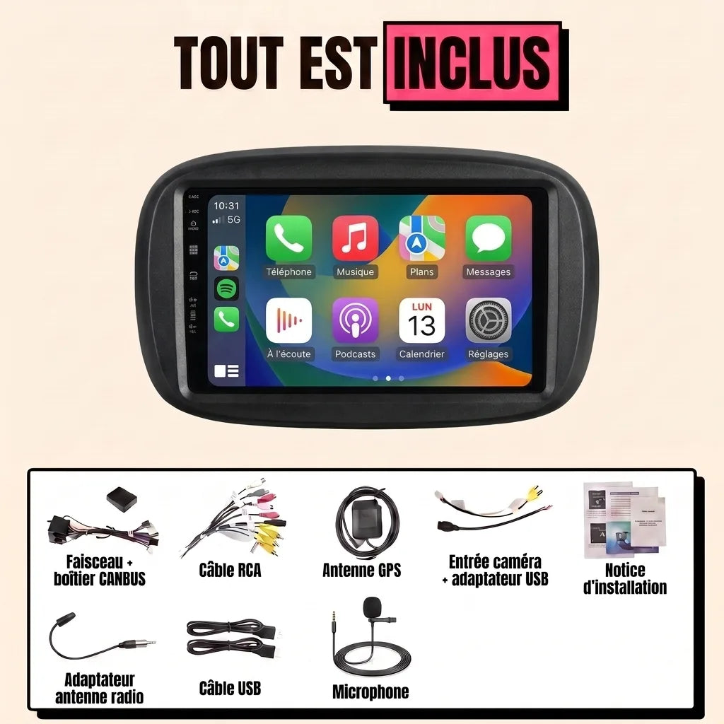 Kit complet CarPlay Fiat 500X 2014-2018 : écran 9 pouces avec façade d'intégration, faisceau canbus, antenne GPS, micro, tout est inclus