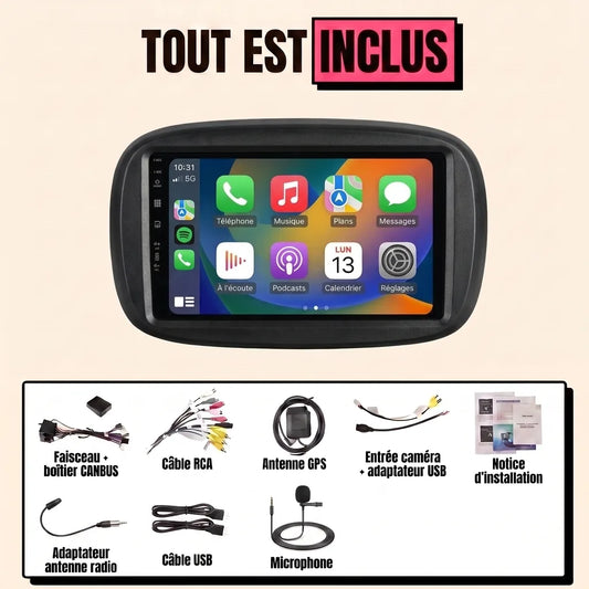 Kit complet CarPlay Fiat 500X 2014-2018 : écran 9 pouces avec façade d'intégration, faisceau canbus, antenne GPS, micro, tout est inclus