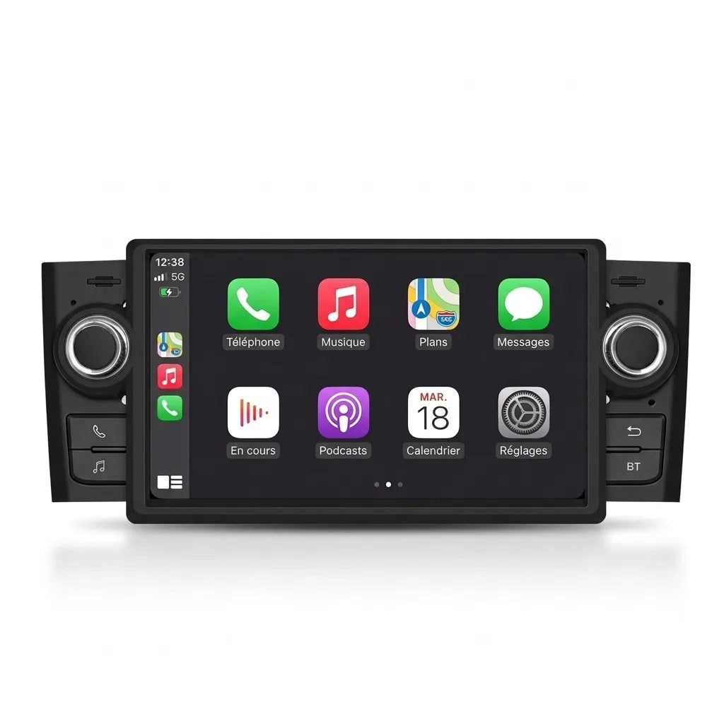 Autoradio CarPlay Fiat Grande Punto 2005-2009 écran tactile 7 pouces, vue de face sur fond blanc