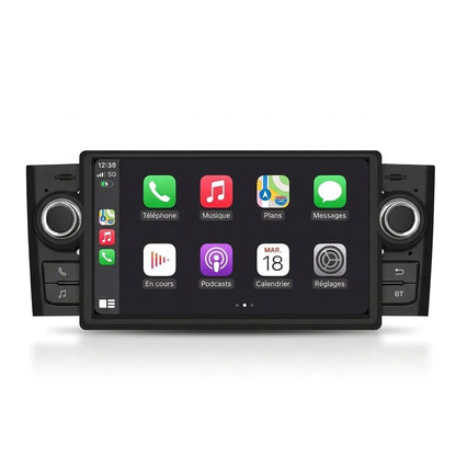 Autoradio CarPlay Fiat Grande Punto 2005-2009 écran tactile 7 pouces, vue de face sur fond blanc