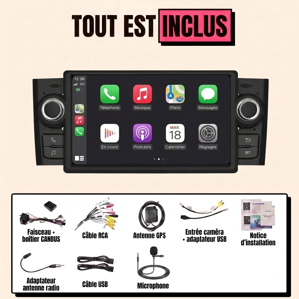 Autoradio CarPlay Fiat Grande Punto 2005-2009 : tout est inclus, écran 7 pouces, faisceau canbus, antenne GPS, micro et câbles