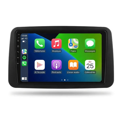 Autoradio CarPlay Android Auto Fiat Panda 2 (2003-2012), écran tactile 9 pouces avec cadre noir, vue de face sur fond blanc