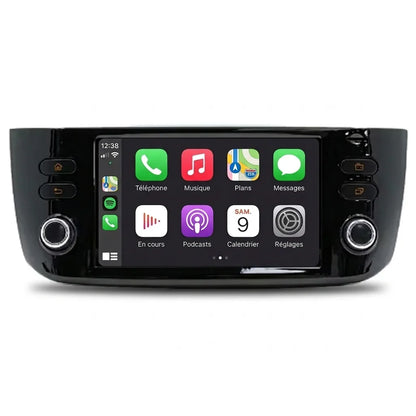 Autoradio CarPlay Fiat Punto Evo et Punto 2009-2018 écran tactile 7 pouces noir laqué, vue de face sur fond blanc