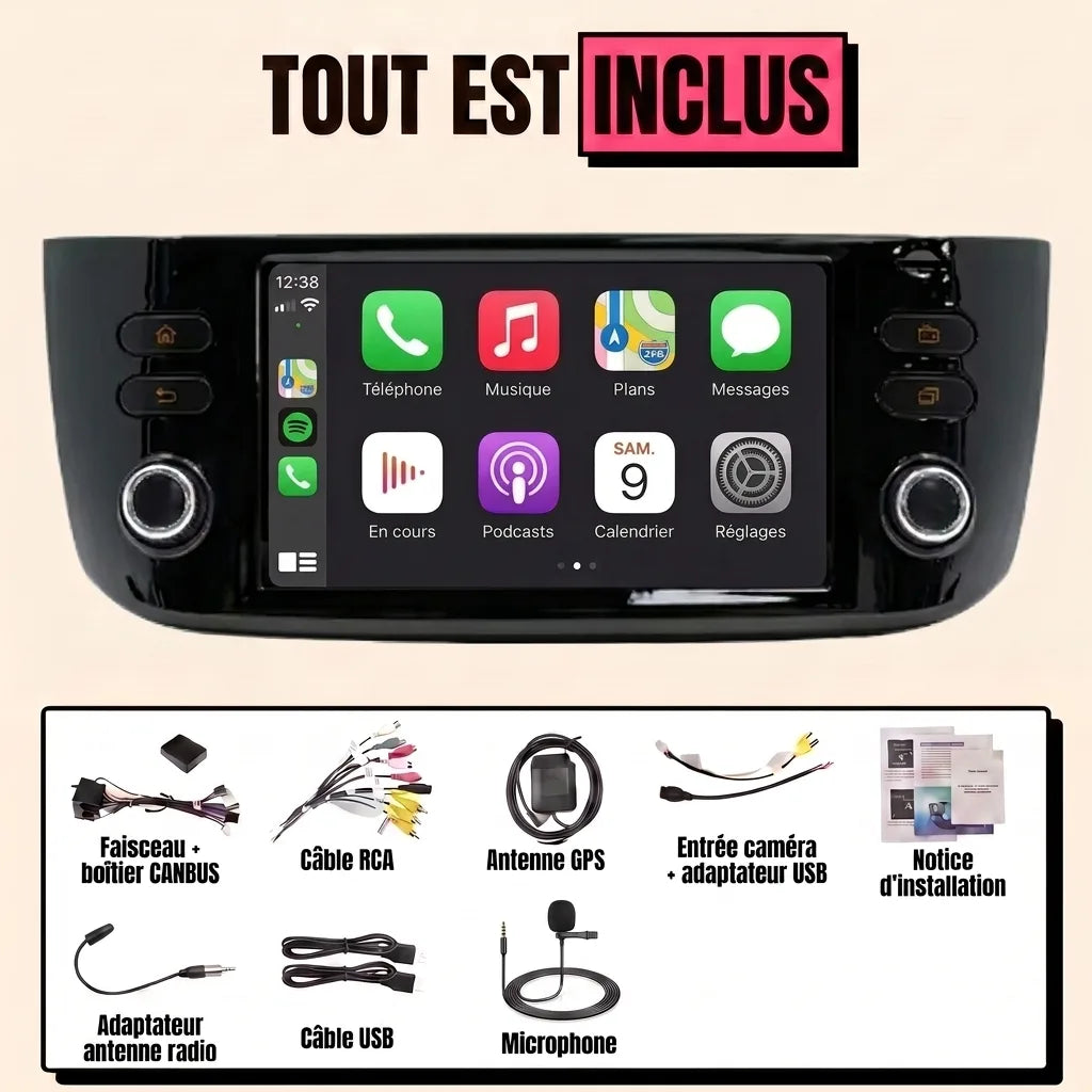 Autoradio CarPlay Fiat Punto Evo 2009-2012 et Punto 2012-2018 : tout est inclus, écran 7 pouces, faisceau canbus, antenne GPS, micro et câbles