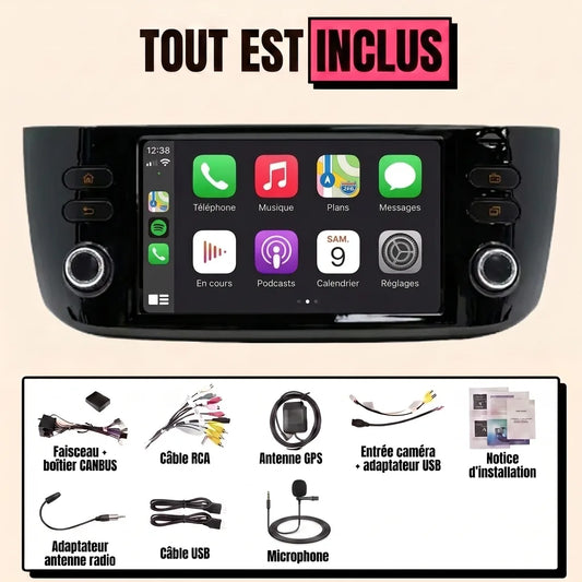 Autoradio CarPlay Fiat Punto Evo 2009-2012 et Punto 2012-2018 : tout est inclus, écran 7 pouces, faisceau canbus, antenne GPS, micro et câbles