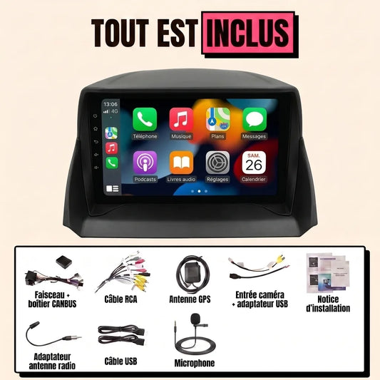 Kit complet CarPlay Ford C-Max 2010-2019 : écran 9 pouces en casquette, faisceau canbus, antenne GPS, micro, tout est inclus