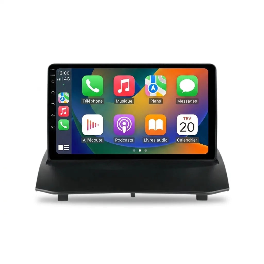 Autoradio CarPlay Android Auto Ford Fiesta MK7 (2008-2017), écran tactile 9 pouces sur façade noire spécifique Fiesta, vue de face sur fond blanc