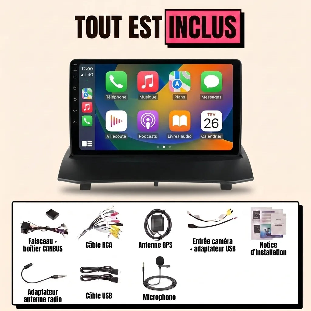 Autoradio CarPlay Ford Fiesta MK7 (2008-2017) écran 9 pouces avec façade noire — kit complet tout inclus avec faisceau CANBUS, antenne GPS, caméra et microphone