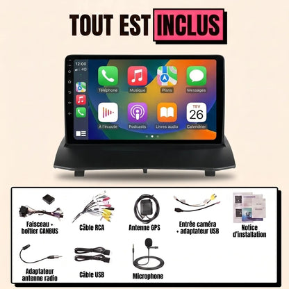 Autoradio CarPlay Ford Fiesta MK7 (2008-2017) écran 9 pouces avec façade noire — kit complet tout inclus avec faisceau CANBUS, antenne GPS, caméra et microphone