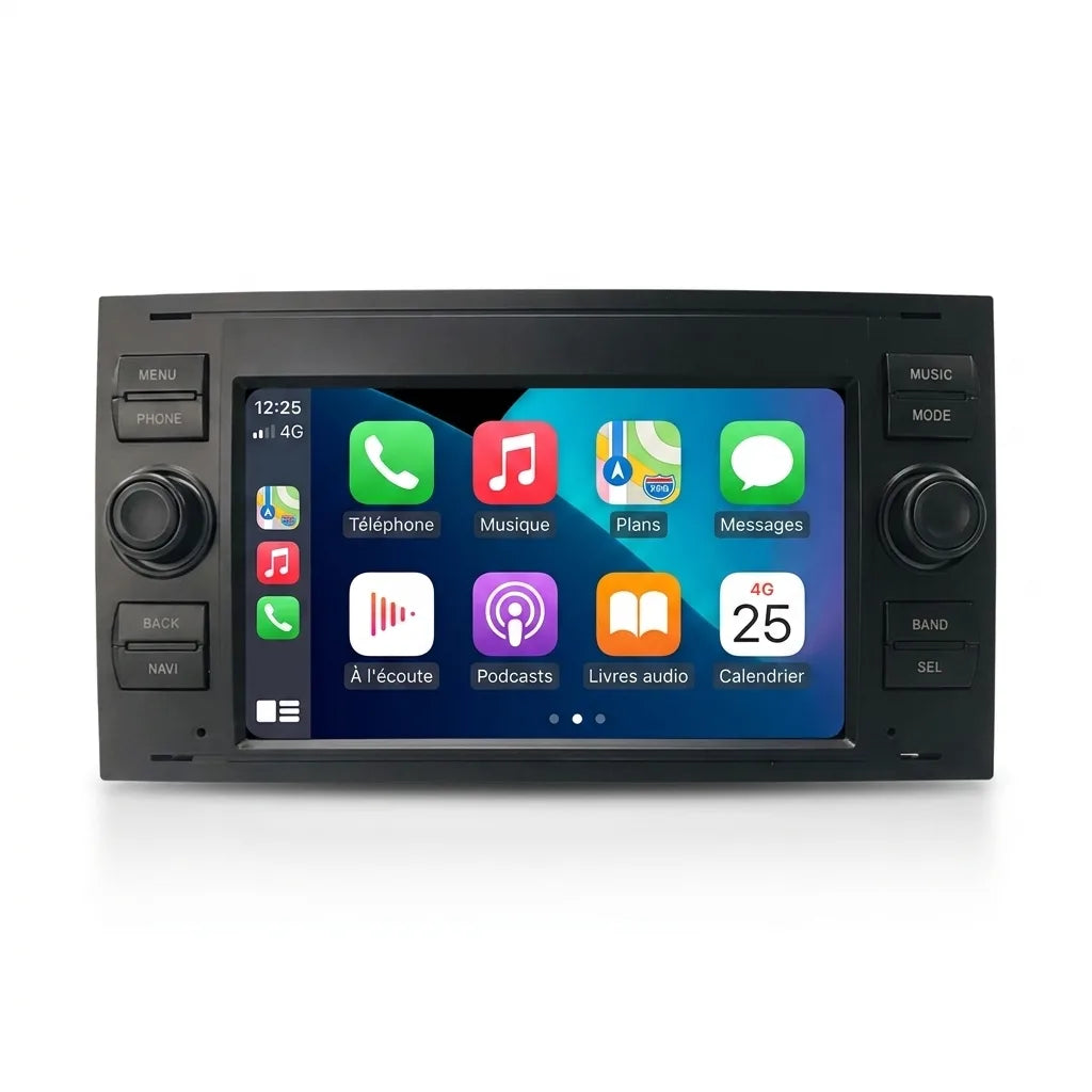 Autoradio CarPlay Android Auto Ford Focus 2 phase 1 (2004-2008), écran tactile 7 pouces au format du poste Ford d'origine avec boutons rotatifs, vue de face sur fond blanc