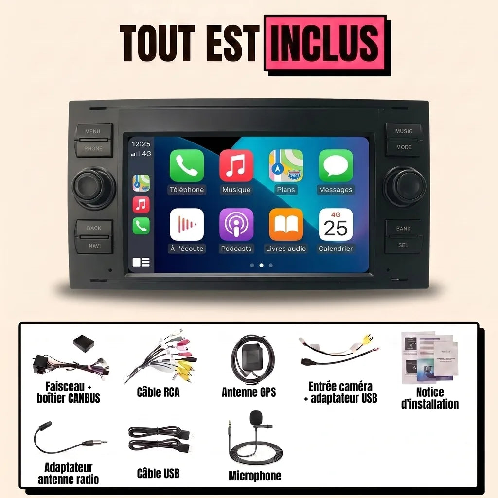 Kit autoradio CarPlay Ford Focus 2 phase 1 (2004-2008) écran tactile 7 pouces au format Ford : tout est inclus, faisceau canbus, antenne GPS, câbles, microphone et notice