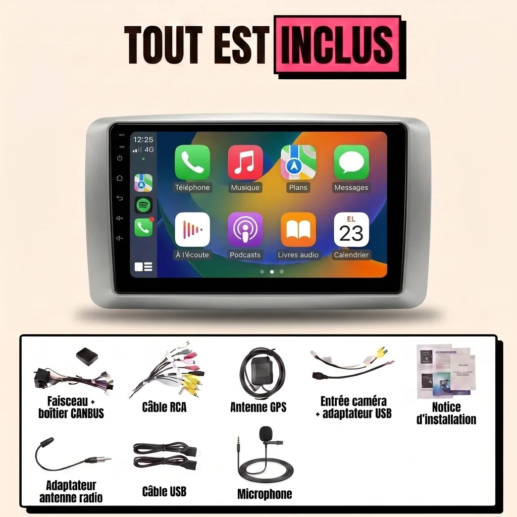 Kit autoradio CarPlay Ford Focus 2 phase 2 (2008-2011) écran tactile 9 pouces cadre argent : tout est inclus, faisceau canbus, antenne GPS, câbles, microphone et notice