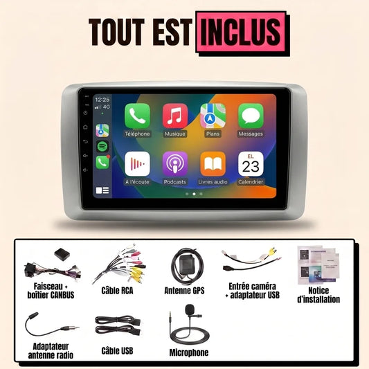 Kit autoradio CarPlay Ford Focus 2 phase 2 (2008-2011) écran tactile 9 pouces cadre argent : tout est inclus, faisceau canbus, antenne GPS, câbles, microphone et notice