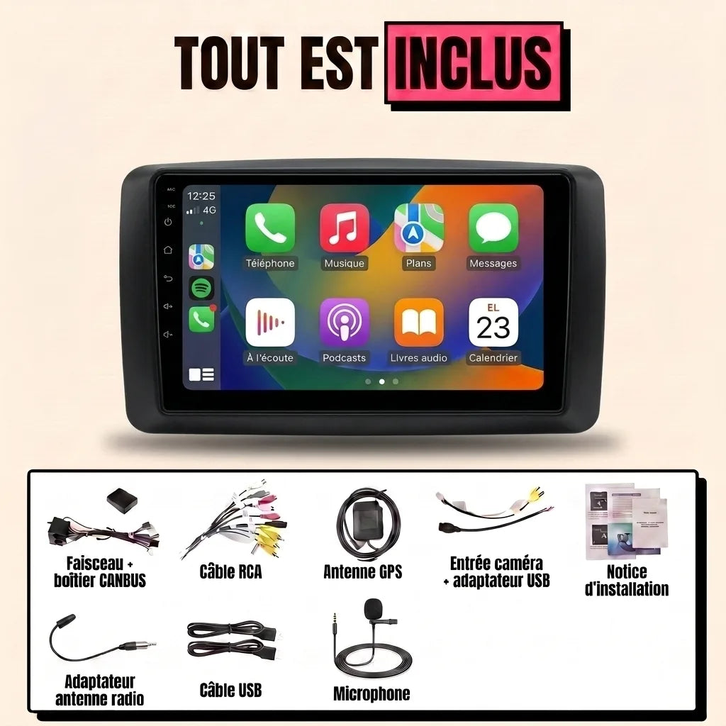 Kit autoradio CarPlay Ford Focus 2 phase 2 (2008-2011) écran tactile 9 pouces cadre noir : tout est inclus, faisceau canbus, antenne GPS, câbles, microphone et notice