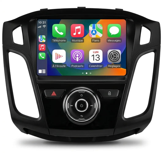 Autoradio CarPlay 9 pouces pour Ford Focus 3 avec façade de console, bouton warning, verrouillage et molette