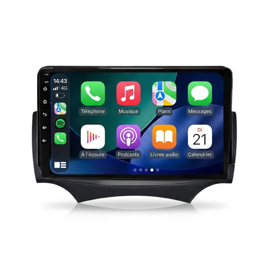 Autoradio CarPlay Android Auto Ford Ka 2 (2008-2016), écran tactile 9 pouces sur façade noire galbée spécifique Ka, vue de face sur fond blanc