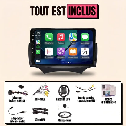 Kit autoradio CarPlay Ford Ka 2 (2008-2016) écran tactile 9 pouces sur façade noire : tout est inclus, faisceau canbus, antenne GPS, câbles, microphone et notice