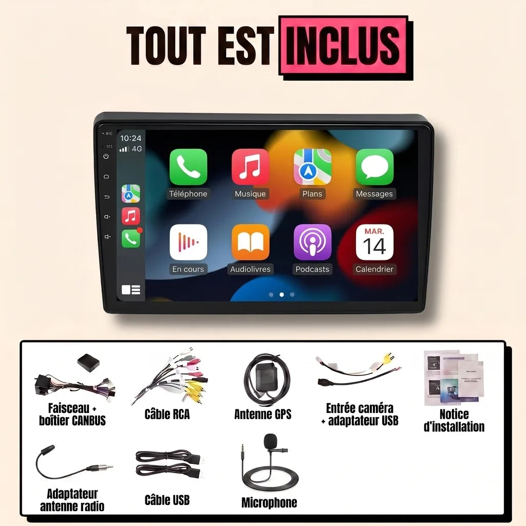 Kit autoradio CarPlay Ford Transit (2006-2014) écran tactile 9 pouces : tout est inclus, faisceau canbus, antenne GPS, câbles, microphone et notice