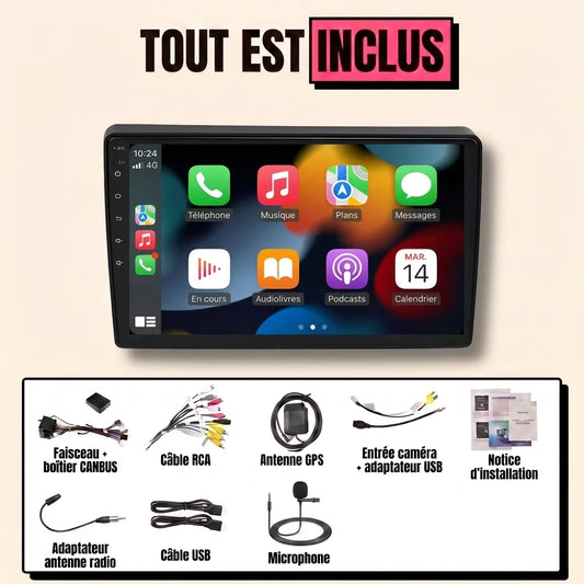 Kit autoradio CarPlay Ford Transit (2006-2014) écran tactile 9 pouces : tout est inclus, faisceau canbus, antenne GPS, câbles, microphone et notice