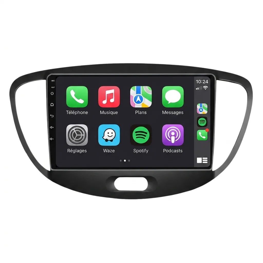 Autoradio CarPlay Android Auto Hyundai i10 (2008-2013), écran tactile 9 pouces et façade spécifique i10, vue de face sur fond blanc