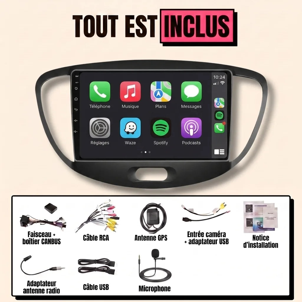 Kit autoradio CarPlay Hyundai i10 (2008-2013) écran tactile 9 pouces avec façade i10 : tout est inclus, faisceau canbus, antenne GPS, câbles, microphone et notice