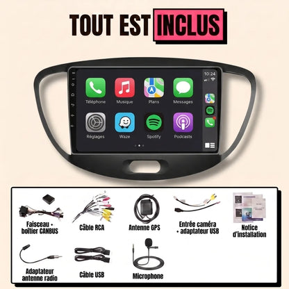 Kit autoradio CarPlay Hyundai i10 (2008-2013) écran tactile 9 pouces avec façade i10 : tout est inclus, faisceau canbus, antenne GPS, câbles, microphone et notice