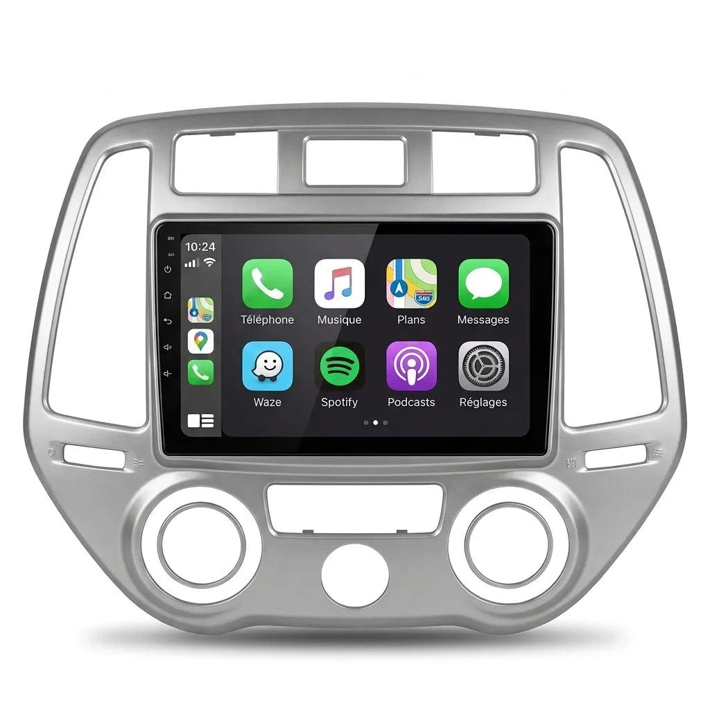Autoradio CarPlay Android Auto Hyundai i20 (2008-2014), écran tactile 9 pouces et façade argentée spécifique i20, vue de face sur fond blanc