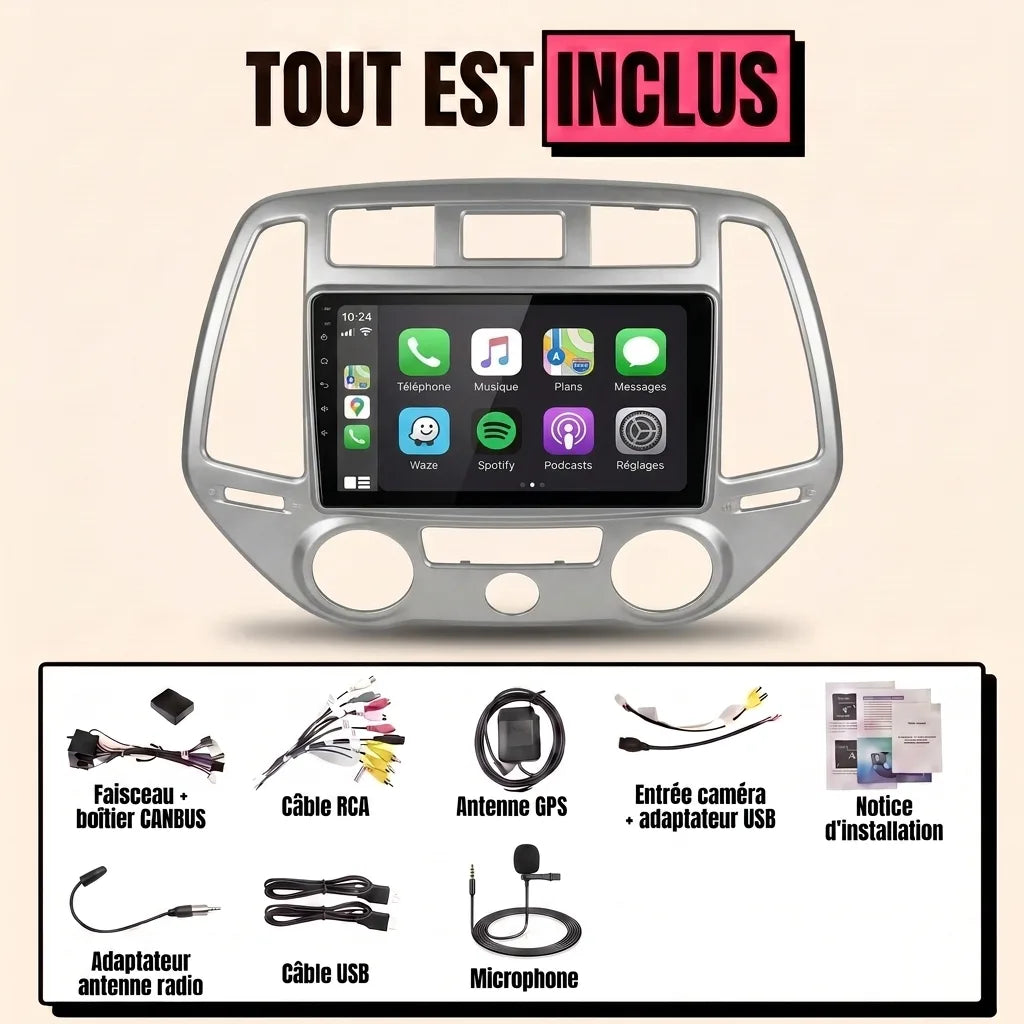Kit autoradio CarPlay Hyundai i20 (2008-2014) écran tactile 9 pouces avec façade i20 : tout est inclus, faisceau canbus, antenne GPS, câbles, microphone et notice
