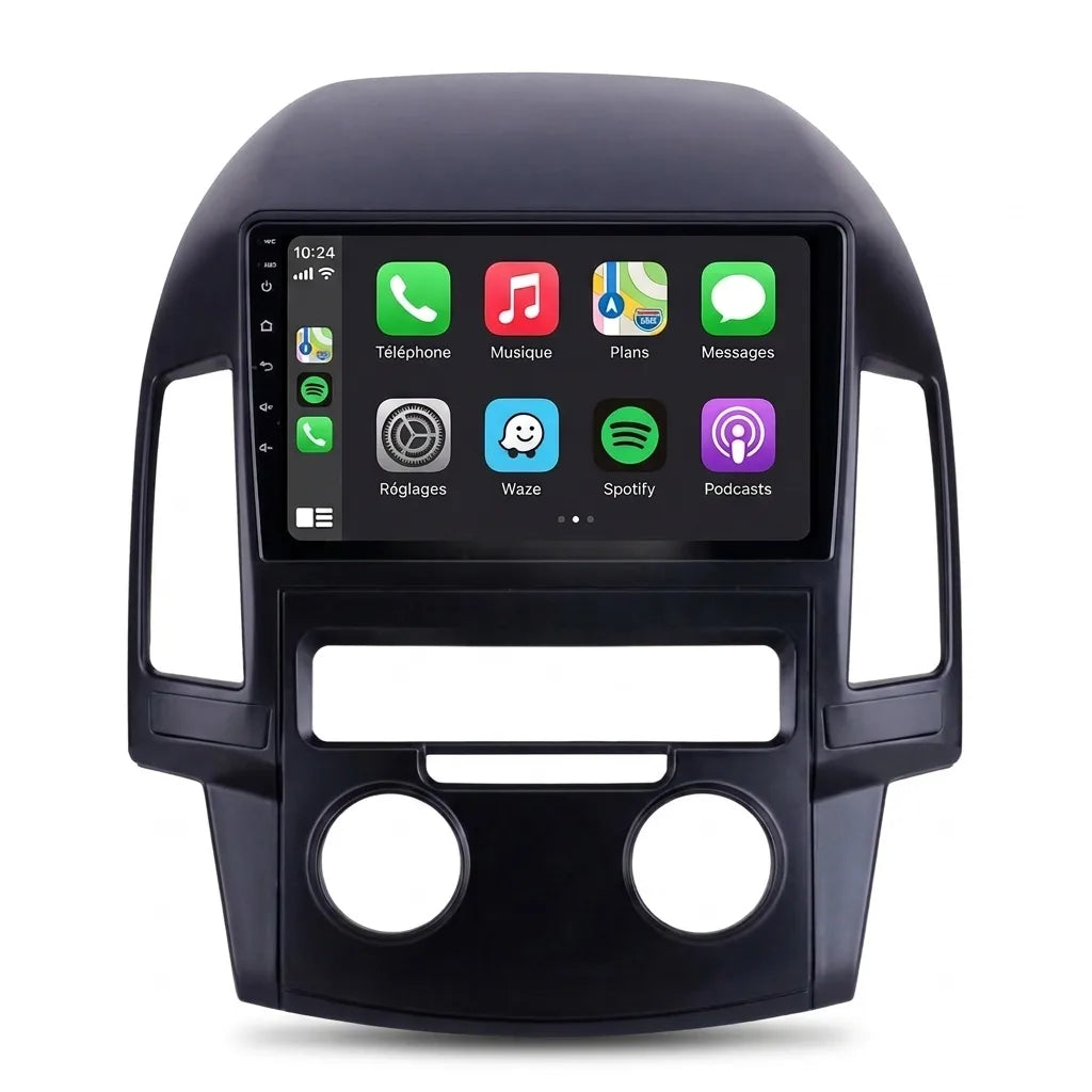 Autoradio CarPlay Android Auto Hyundai i30 (2007-2012) climatisation automatique, écran tactile 9 pouces et façade spécifique i30, vue de face sur fond blanc