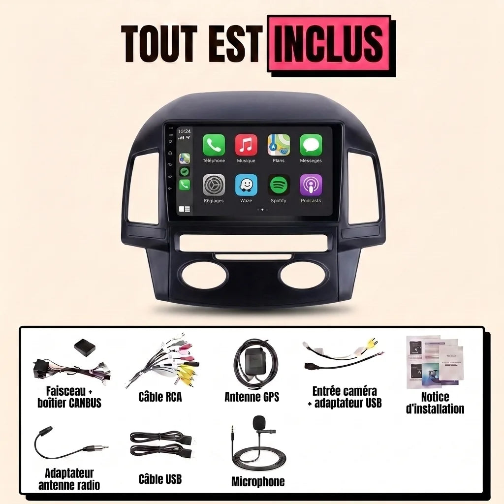 Kit autoradio CarPlay Hyundai i30 (2007-2012) climatisation automatique, écran tactile 9 pouces avec façade i30 : tout est inclus, faisceau canbus, antenne GPS, câbles, microphone et notice