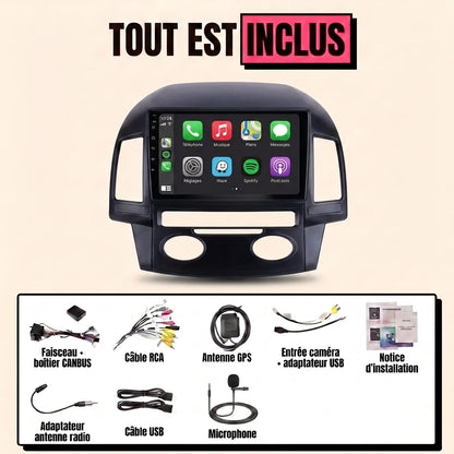 Kit autoradio CarPlay Hyundai i30 (2007-2012) climatisation automatique, écran tactile 9 pouces avec façade i30 : tout est inclus, faisceau canbus, antenne GPS, câbles, microphone et notice