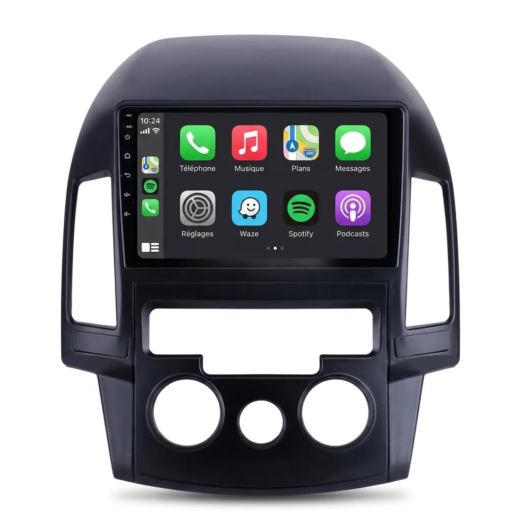 Autoradio CarPlay Android Auto Hyundai i30 (2007-2012) climatisation manuelle, écran tactile 9 pouces et façade spécifique i30, vue de face sur fond blanc