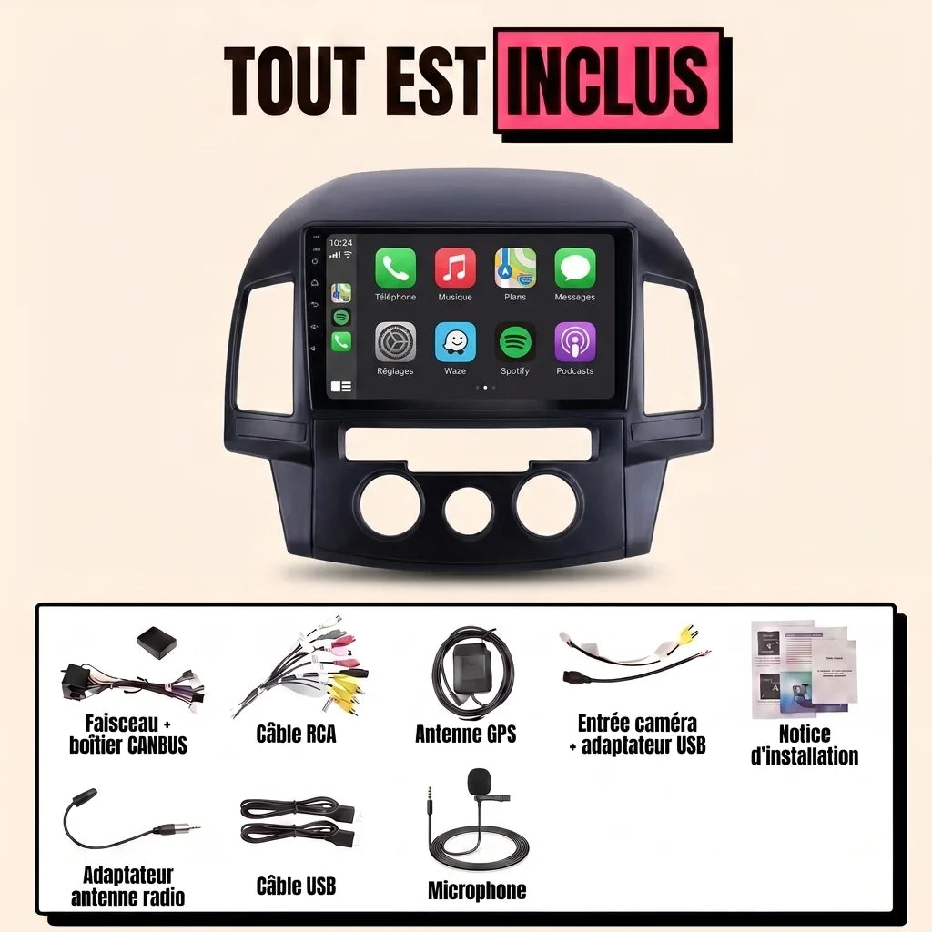 Kit autoradio CarPlay Hyundai i30 (2007-2012) climatisation manuelle, écran tactile 9 pouces avec façade i30 : tout est inclus, faisceau canbus, antenne GPS, câbles, microphone et notice