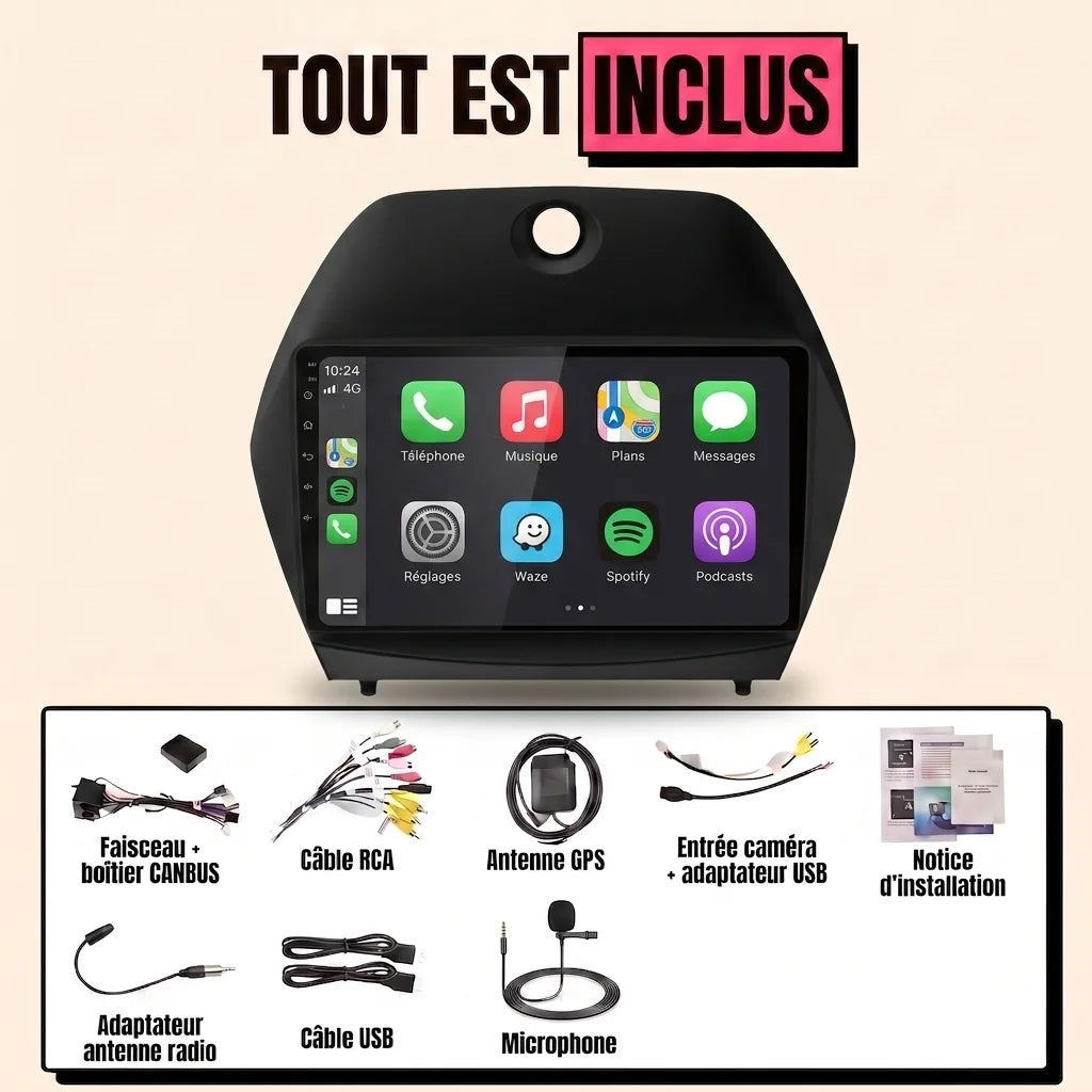 Kit autoradio CarPlay Hyundai ix35 (2010-2015) écran tactile 9 pouces avec façade ix35 : tout est inclus, faisceau canbus, antenne GPS, câbles, microphone et notice