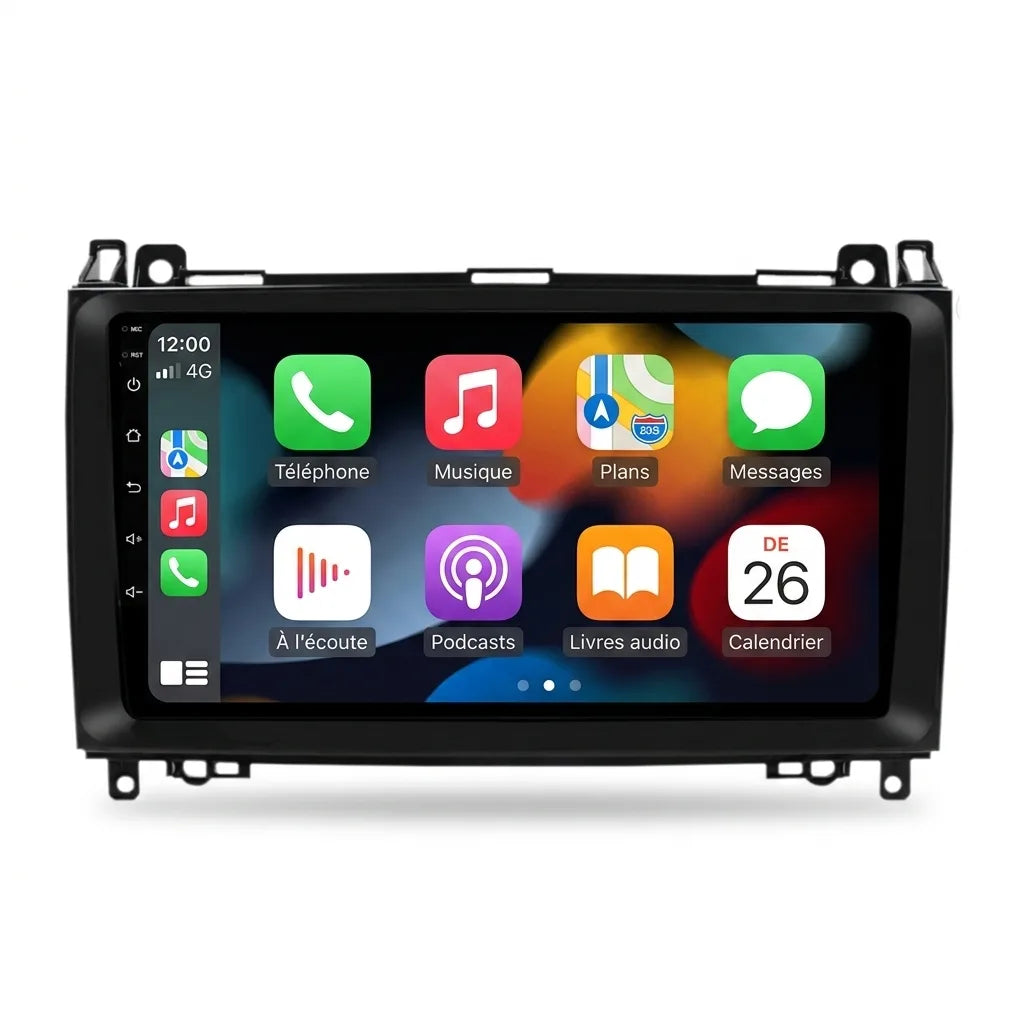 Autoradio CarPlay Android Auto Mercedes Classe B W245 (2005-2011), écran tactile 9 pouces avec cadre noir spécifique Mercedes, vue de face sur fond blanc