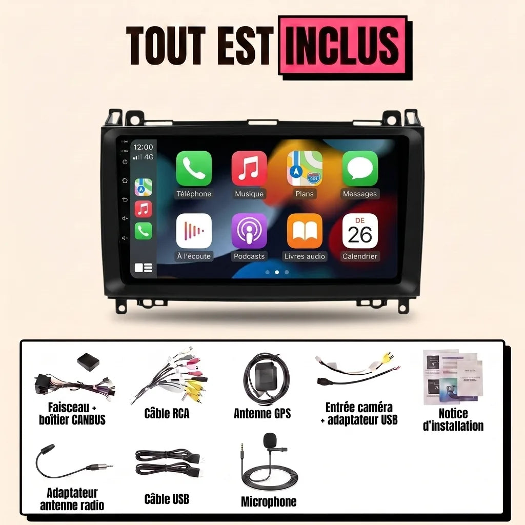 Kit autoradio CarPlay Mercedes Classe B W245 (2005-2011) écran tactile 9 pouces avec cadre : tout est inclus, faisceau canbus, antenne GPS, câbles, microphone et notice