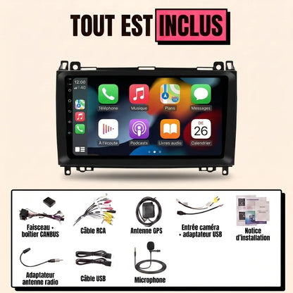 Kit autoradio CarPlay Mercedes Classe B W245 (2005-2011) écran tactile 9 pouces avec cadre : tout est inclus, faisceau canbus, antenne GPS, câbles, microphone et notice