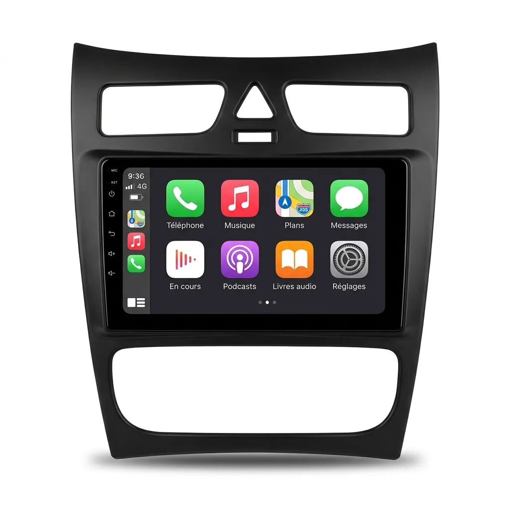 Autoradio CarPlay 9 pouces Mercedes Classe C W203 phase 1 (2000-2004) avec façade noire spécifique