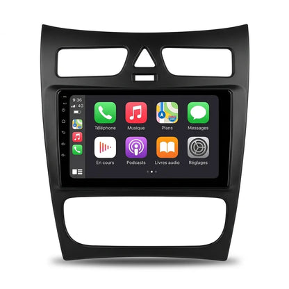 Autoradio CarPlay 9 pouces Mercedes Classe C W203 phase 1 (2000-2004) avec façade noire spécifique
