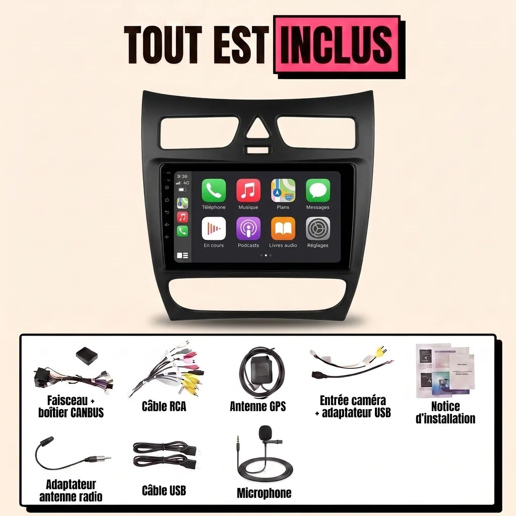 Kit CarPlay Mercedes Classe C W203 phase 1 (2000-2004) tout inclus : écran 9 pouces, façade, faisceau canbus et accessoires