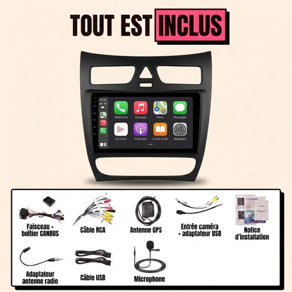 Kit CarPlay Mercedes Classe C W203 phase 1 (2000-2004) tout inclus : écran 9 pouces, façade, faisceau canbus et accessoires