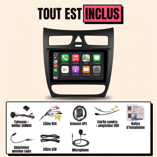Kit CarPlay Mercedes Classe C W203 phase 1 (2000-2004) tout inclus : écran 9 pouces, façade, faisceau canbus et accessoires