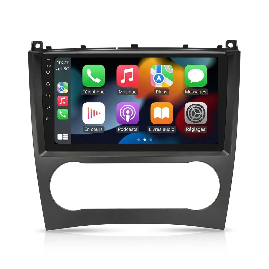 Autoradio CarPlay 9 pouces Mercedes Classe C W203 phase 2 restylée (2004-2007) avec façade spécifique